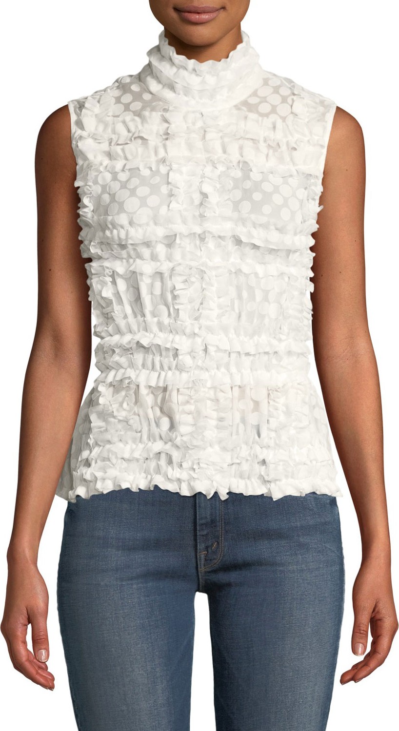 Paskal Sleeveless Ruffle High-Neck Polka Dot Top