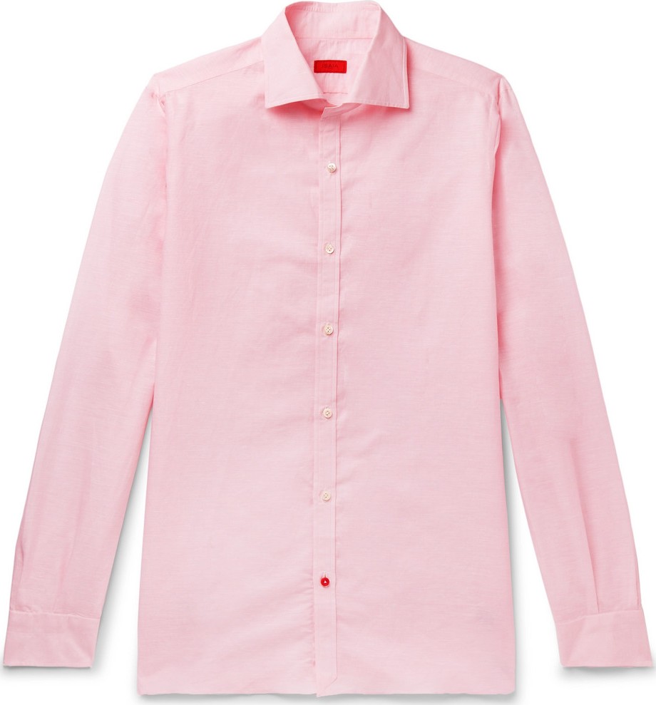 Isaia Slim-Fit Cutaway-Collar Pinstriped Linen and Cotton-Blend Shirt