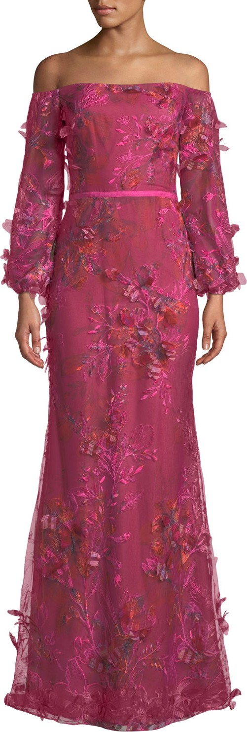 Marchesa Notte Off-the-Shoulder Bishop-Sleeve 3D Floral-Embroidered Gown