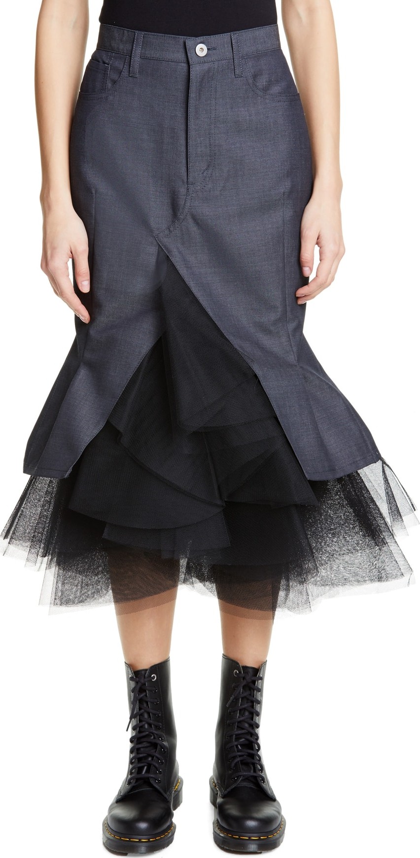 Junya Watanabe Tulle Hem Wool Blend Twill Midi Skirt