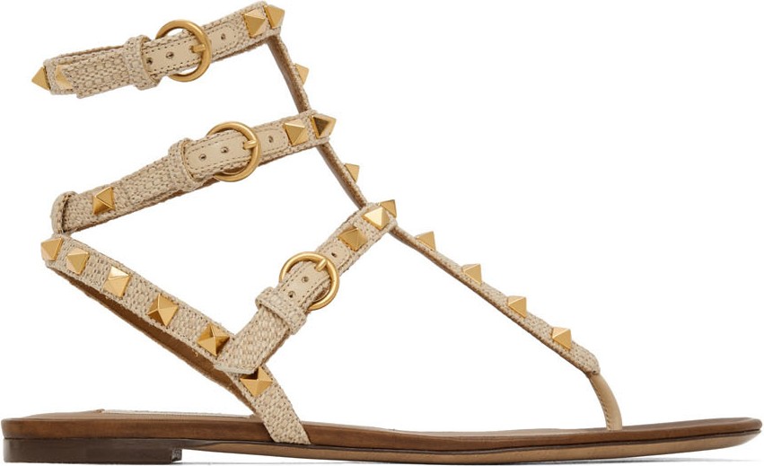 Valentino Beige Valentino Garavani Rockstud Raffia Double Thong Sandals