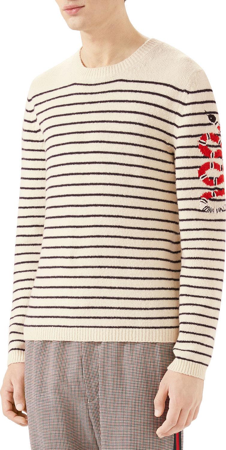 Gucci Men's Striped Wool Crewneck Sweater with Snake