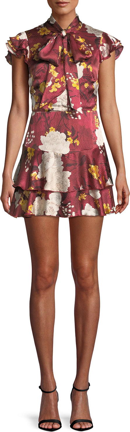 Alice + Olivia Lashay Tie-Neck Ruffle Floral-Print Silk Mini Dress