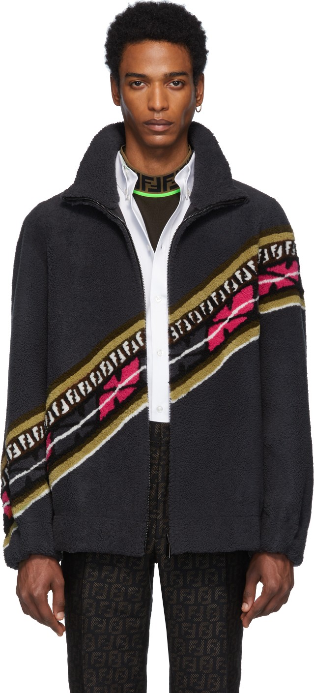 Fendi Reversible Grey & Black Shearling FF Jacket