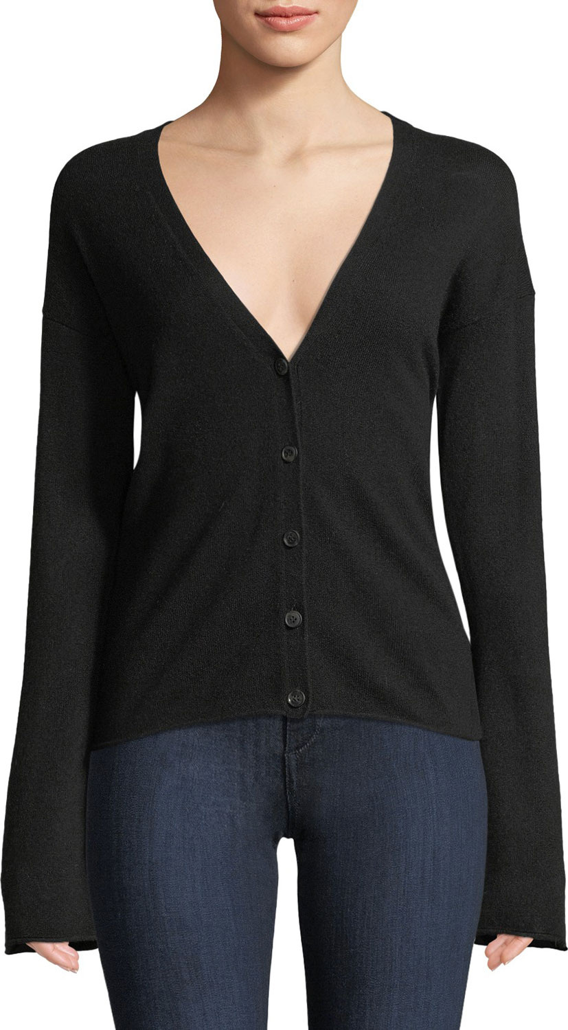Theory Bell-Sleeve V-Neck Button-Front Cashmere Cardigan