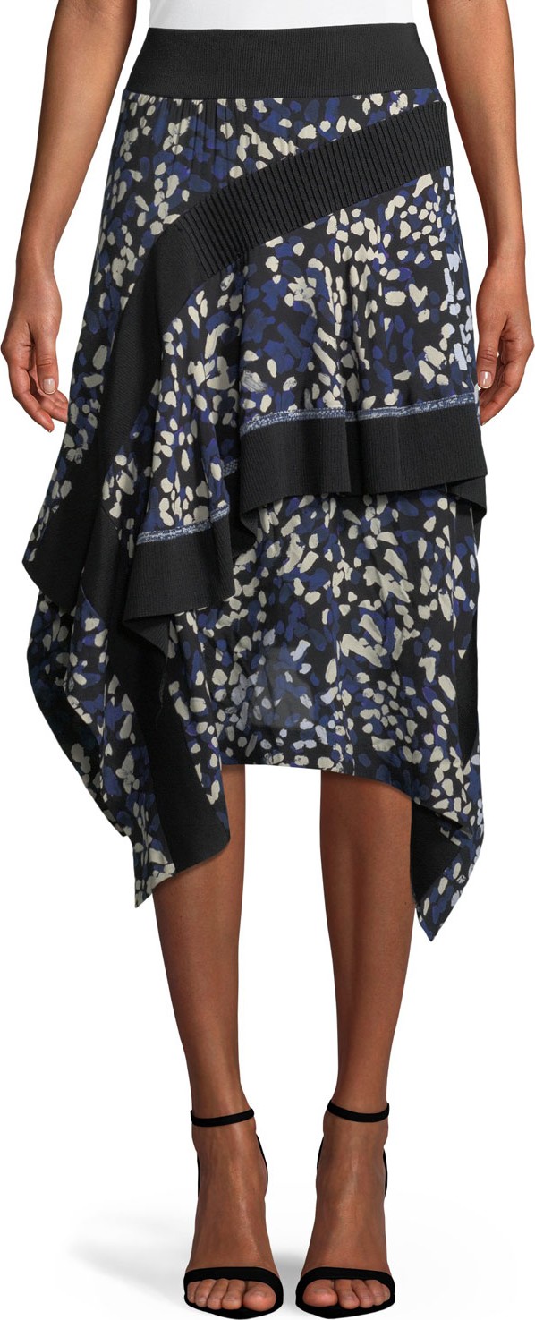 3.1 Phillip Lim Layered Painted-Dot Silk Midi Skirt w/ Rib Details