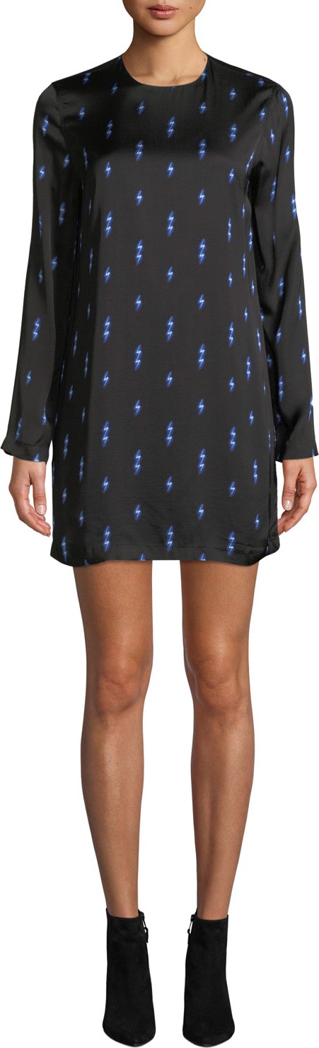 Equipment Anjelisa Jewel-Neck Long-Sleeve Lightning-Bolt Print Shift Dress