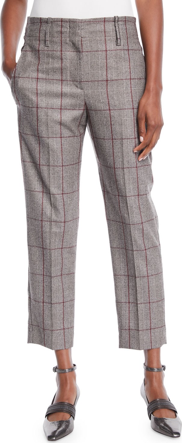 Brunello Cucinelli Plaid Windowpane Wool  Straight-Leg Ankle Pants
