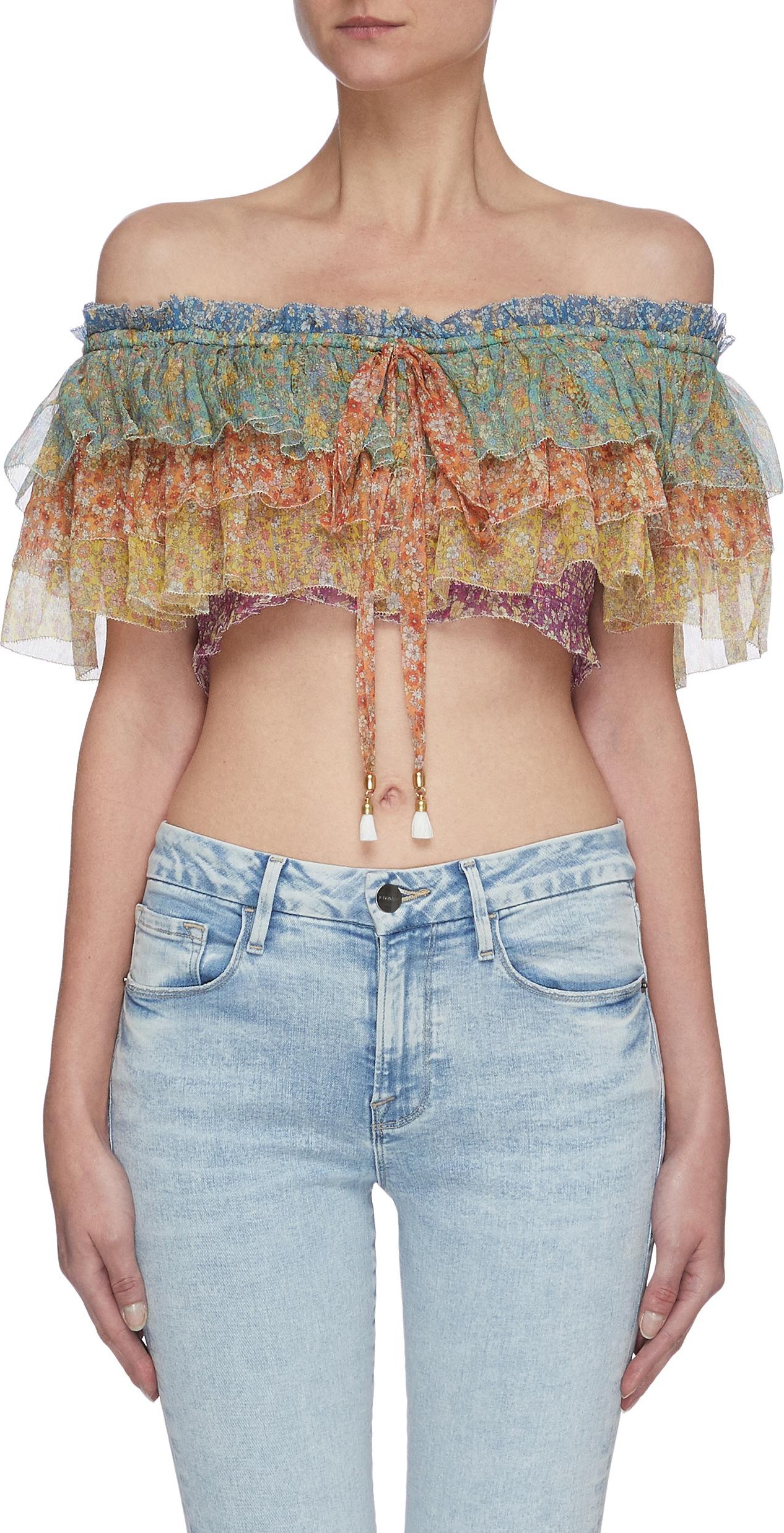 Zimmermann ''Carnaby' off shoulder floral print ruffled crop silk top