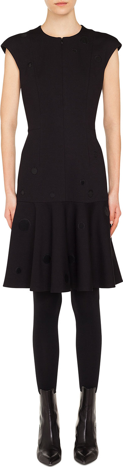 Akris Punto Zip-Front Cap-Sleeve Tonal-Dot Embroidered A-Line Dress