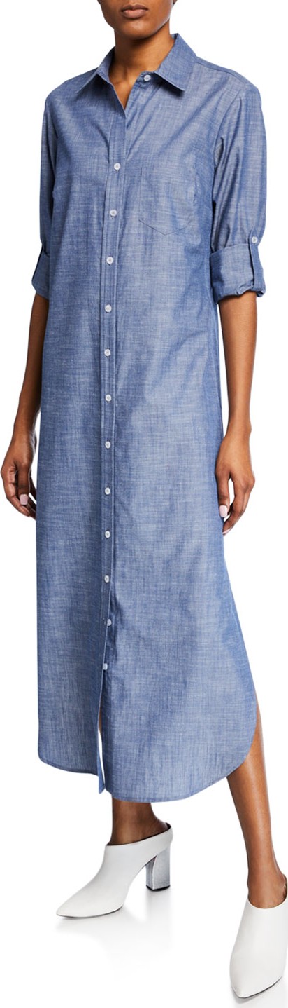 Finley Button-Front Long Chambray Cotton Shirtdress