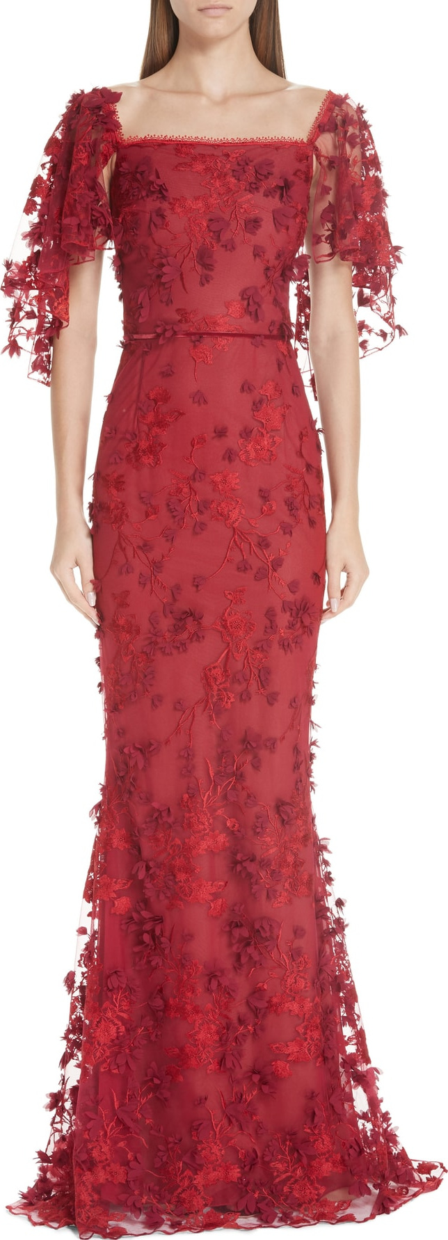 Marchesa Notte Flutter Sleeve Embroidered Column Gown