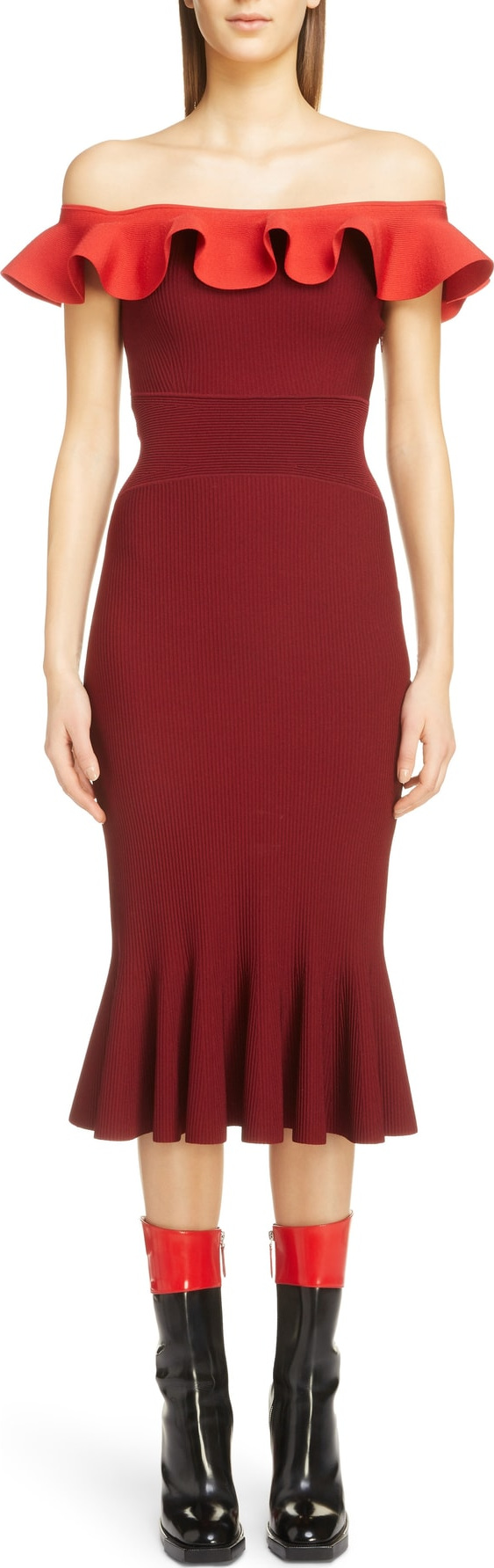 Alexander McQueen Ruffle Off the Shoulder Sweater Dress
