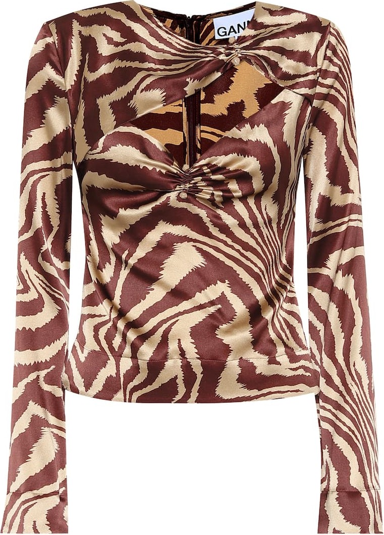 Ganni Tiger-print stretch-silk blouse