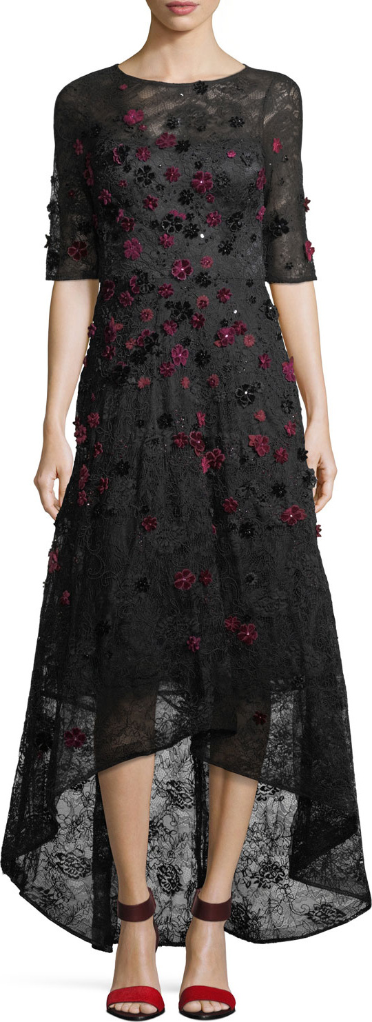 Rickie Freeman for Teri Jon Elbow-Sleeve High-Low Lace 3-D Velvet Floral Cocktail Dress