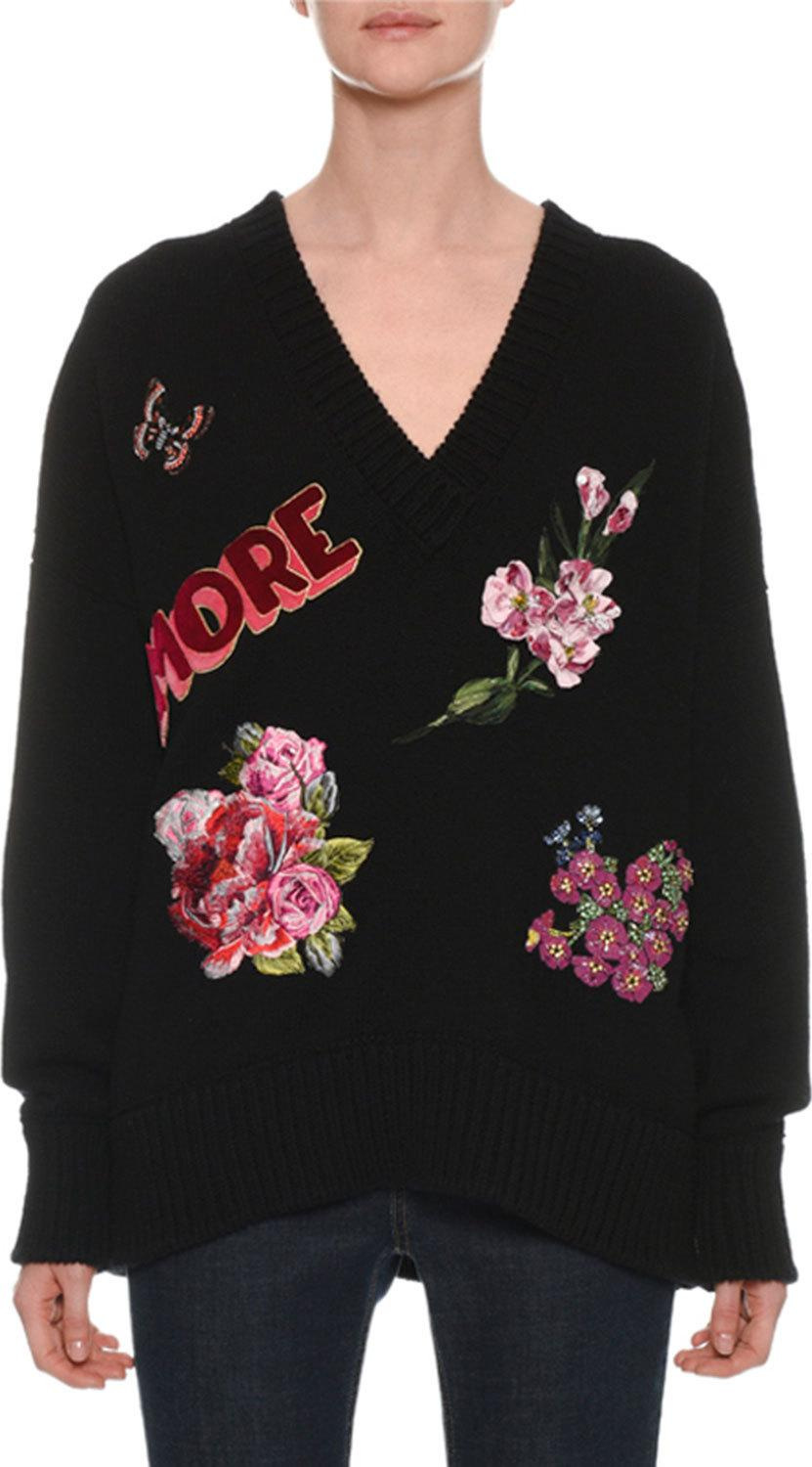 Dolce & Gabbana V-Neck Long-Sleeve Cashmere Sweater w/ Amore Patches