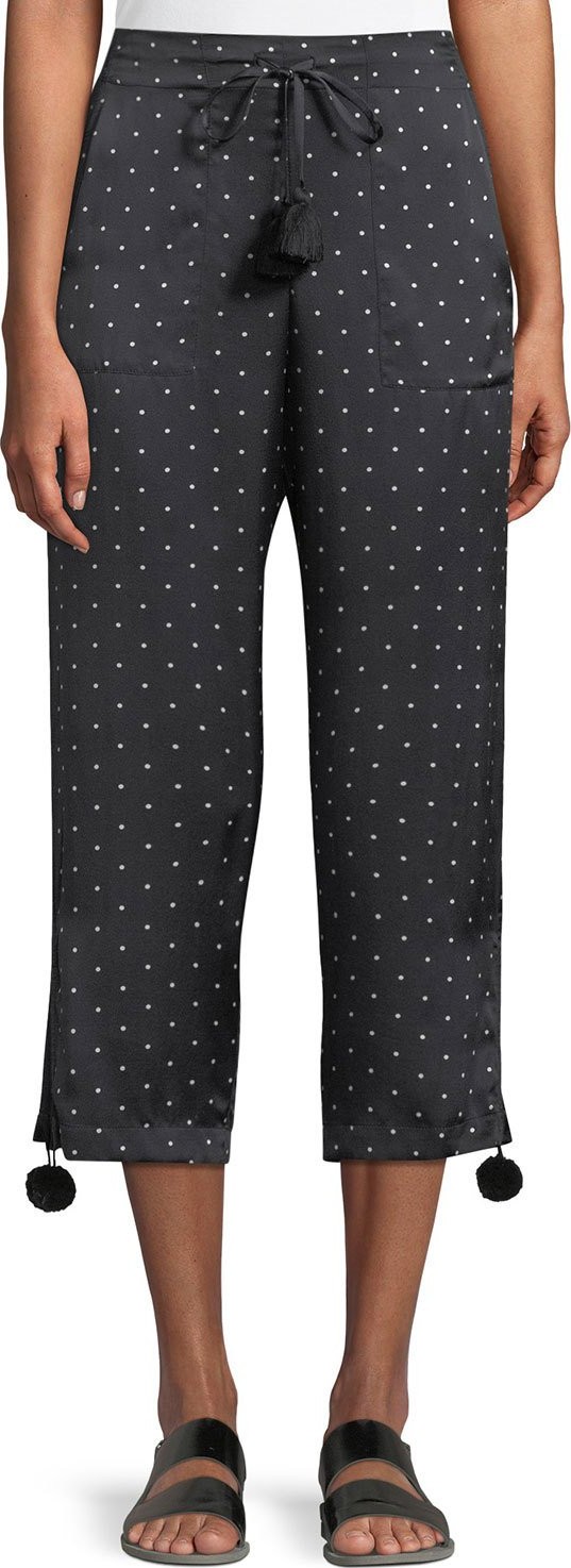 FIGUE Fiore Dot-Print Pull-On Pajama Silk Satin Ankle Pants w/ Pompom