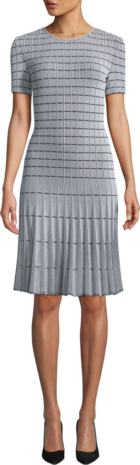 St. John Jewel-Neck Short-Sleeve Monochrome Ottoman Knit Fit-and-Flare Dress