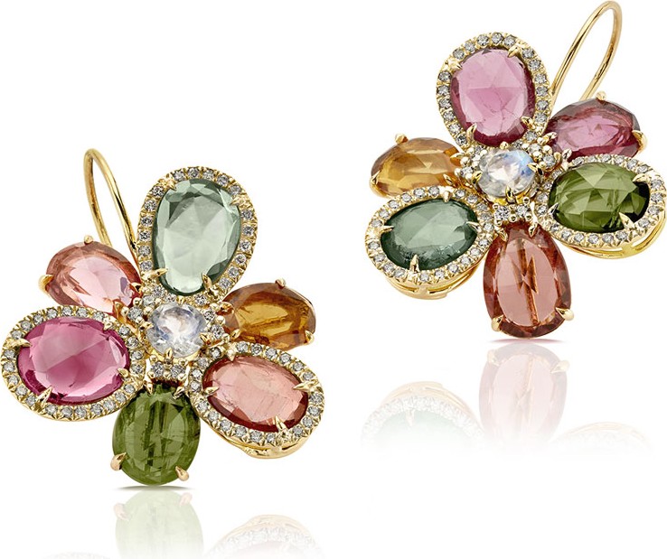 Pamela Huizenga 18k Tourmaline, Moonstone & Diamond Earrings