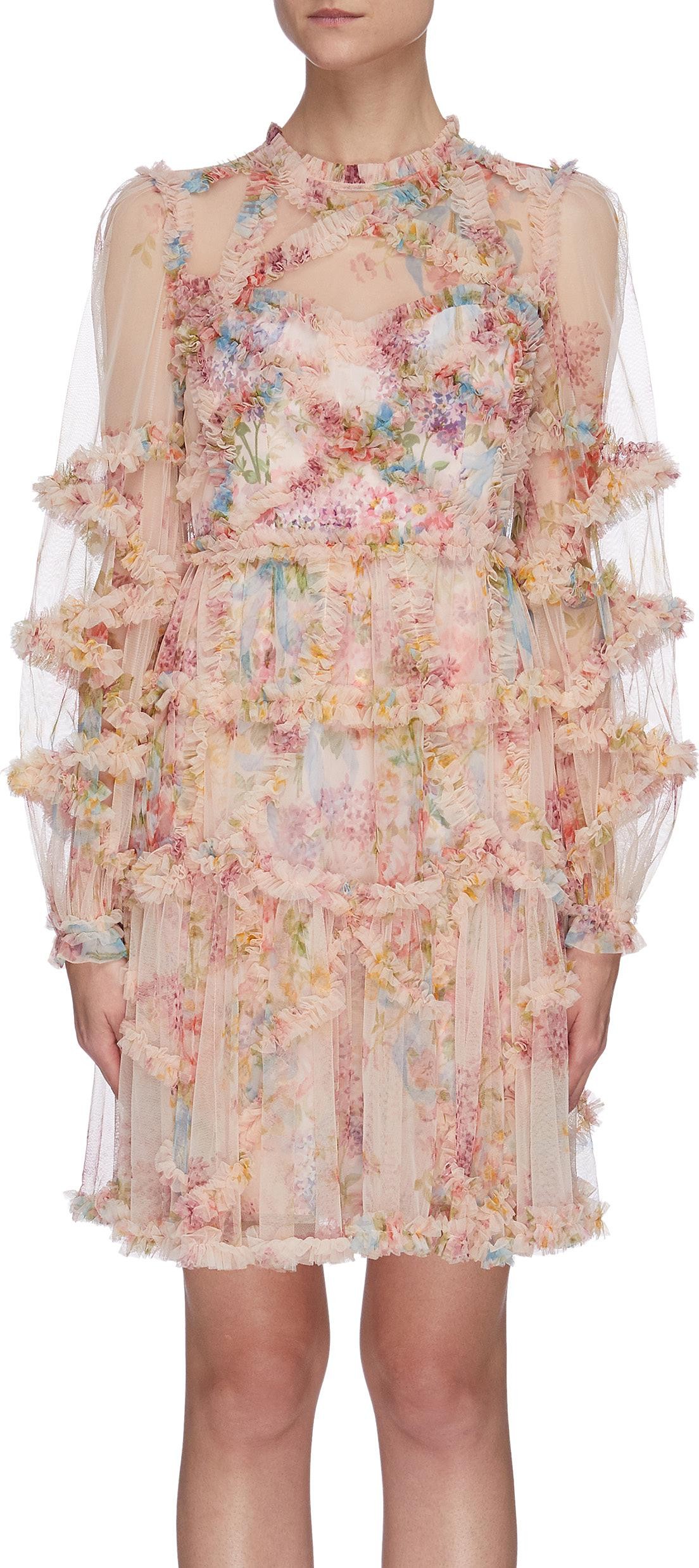 Needle & Thread 'Floral Diamond' ruffle long sleeve mini dress