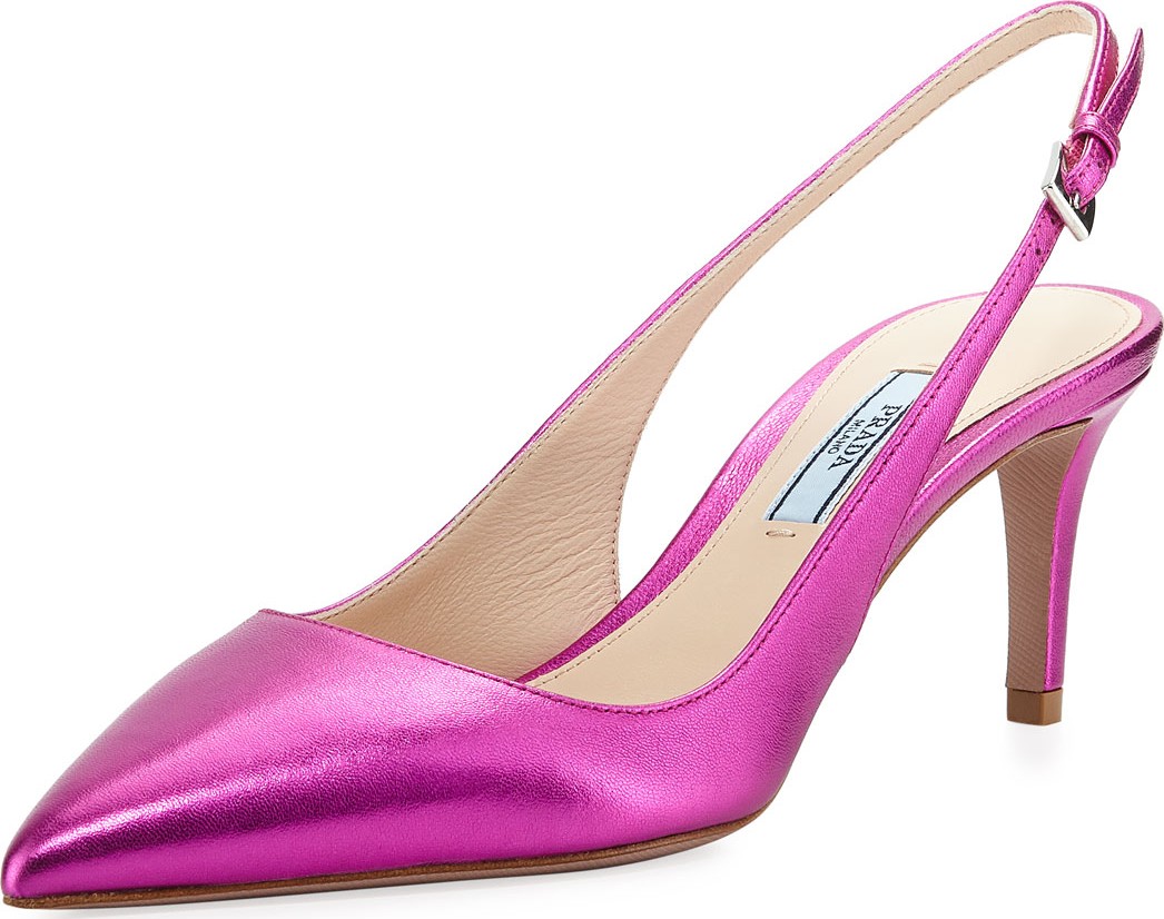 Prada Point-Toe Metallic Leather Slingback Pumps