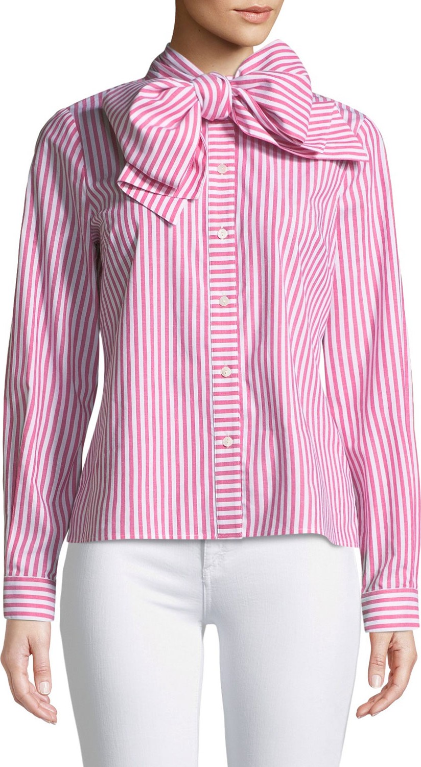 Badgley Mischka Candy Stripe Long-Sleeve Bow-Collar Blouse