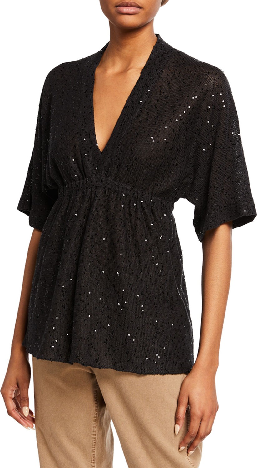 Brunello Cucinelli Sequined Linen-Silk Empire Waist Top