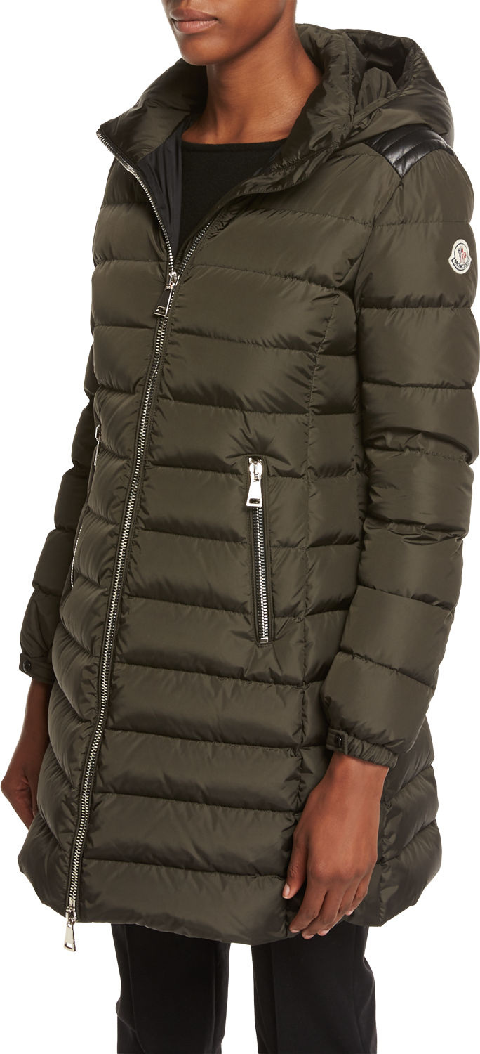 Moncler Orophin Long Puffer Coat w/Leather Trim