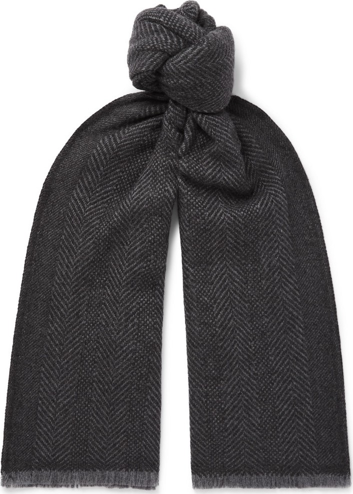 Ermenegildo Zegna Fringed Herringbone Mélange Cashmere and Wool-Blend Scarf