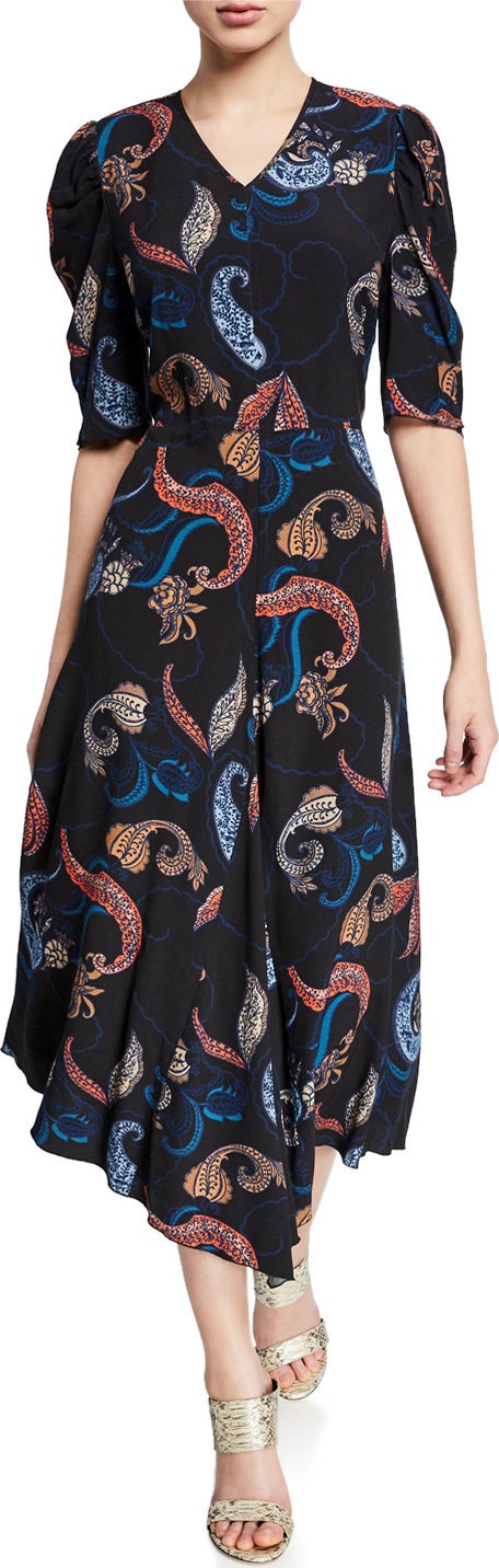 See By Chloé Paisley-Print Short-Sleeve Asymmetrical Midi Dress