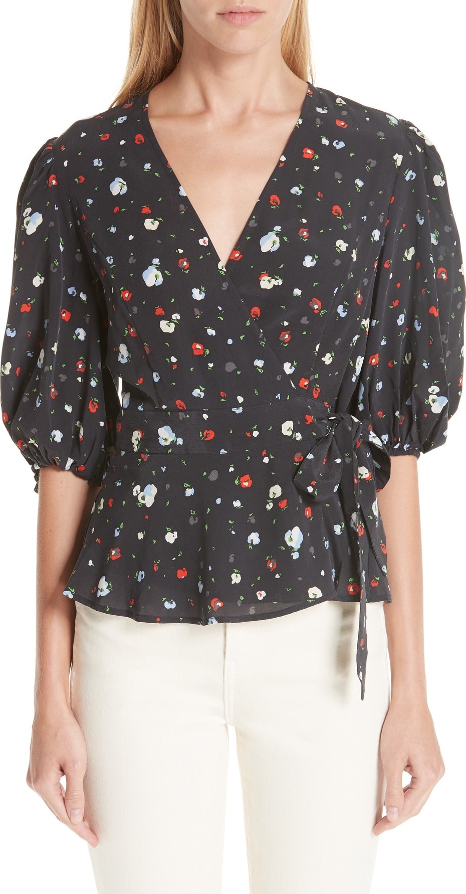 Ganni Floral Silk Wrap Top