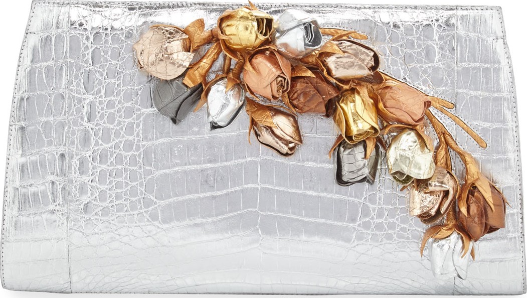 Nancy Gonzalez Rosebud Slicer Metallic Crocodile Clutch Bag