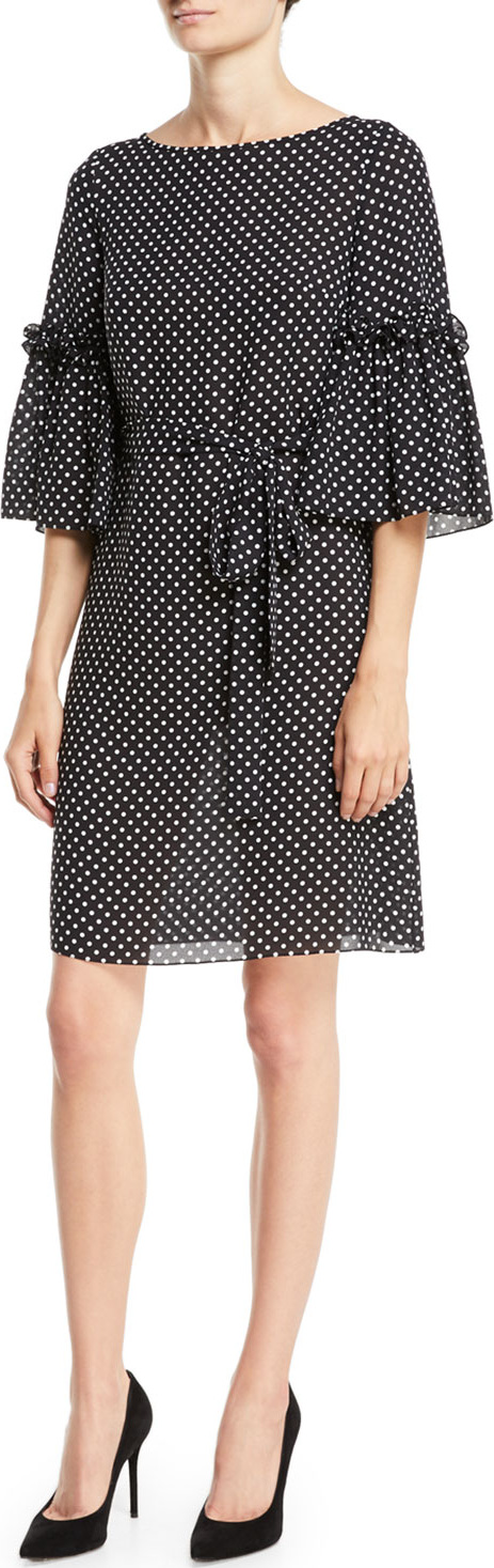 Michael Kors Collection Boat-Neck Bell-Sleeve Polka-Dot Silk Georgette Shift Dress