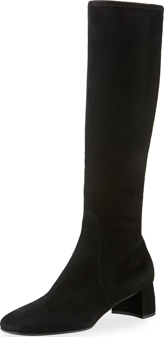 Prada Stretch-Suede Knee Boot with Logo Heel