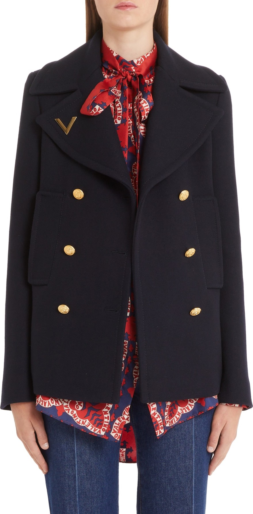 Valentino V-Detail Double Face Wool Peacoat