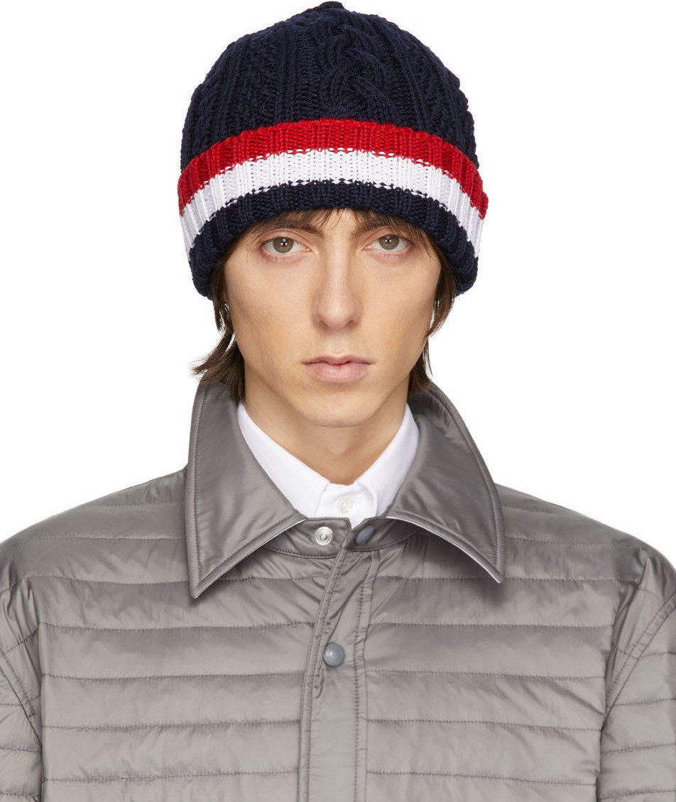 Thom Browne Navy Aran Cable RWB Hat