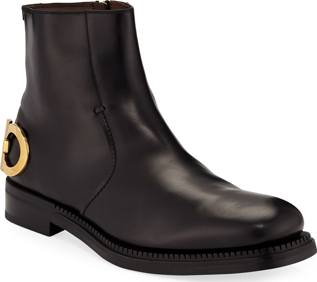 Salvatore Ferragamo Men's Bankley Gancini-Heel Leather Boots