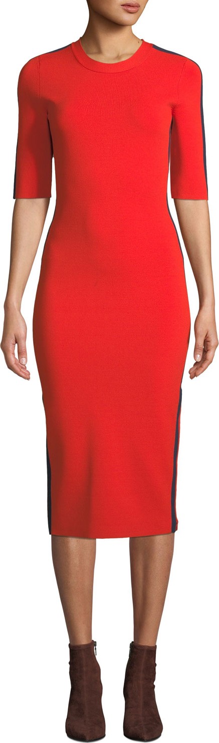 Veronica Beard Audrie 3/4-Sleeve Jersey Midi Dress with Racer Stripes