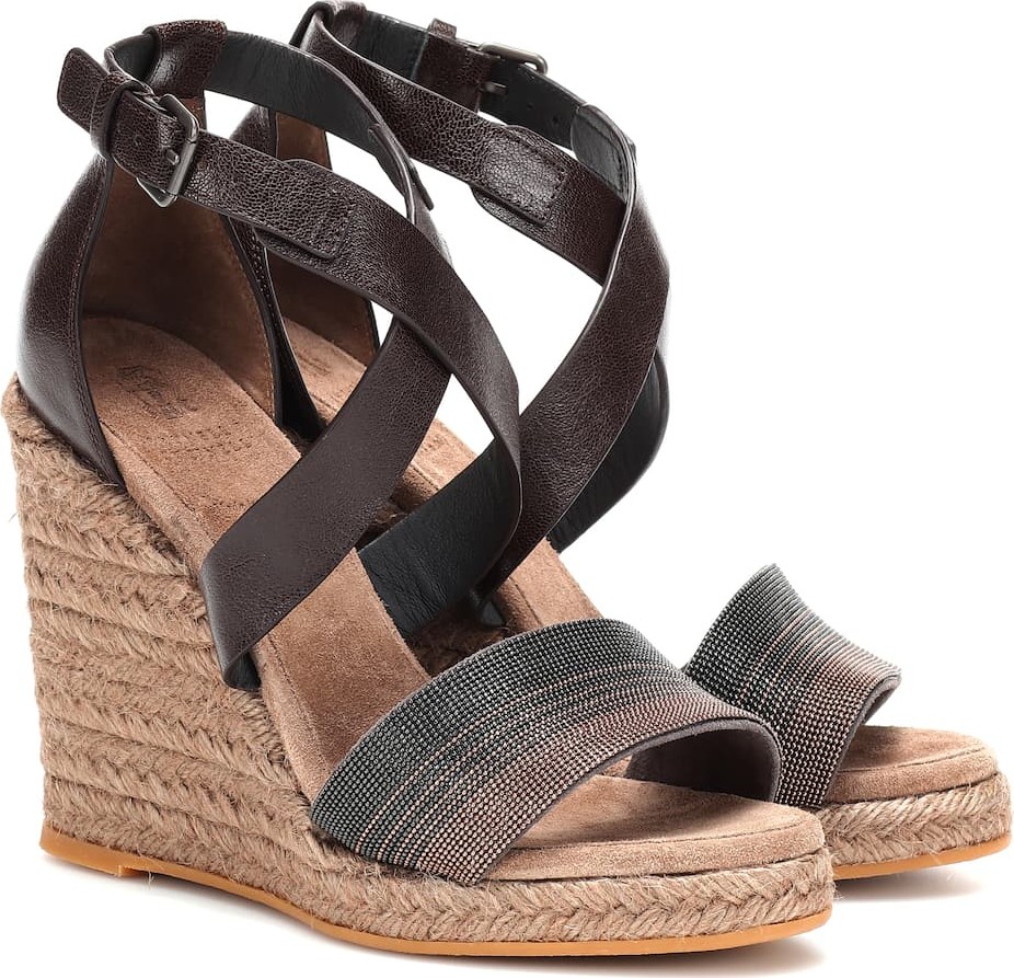 Brunello Cucinelli Embellished leather wedge espadrilles