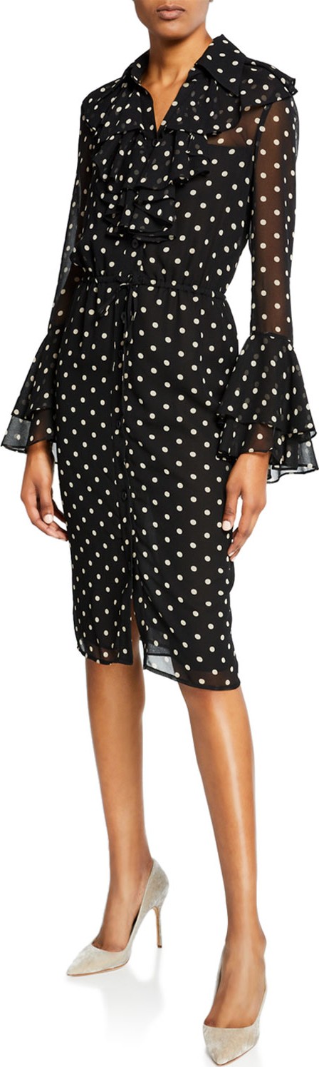 Rickie Freeman for Teri Jon Polka-Dot Long-Sleeve Ruffle Jabot Shirtdress