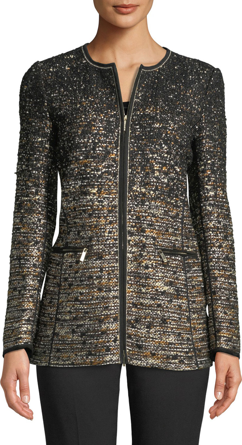 Lafayette 148 New York Karina Zip-Front Tweed Jacket w/ Tape Seams