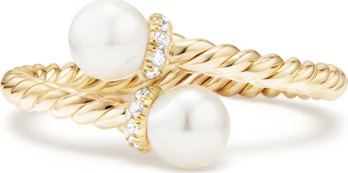 David Yurman 5mm Solari 18K Gold Bypass Pearl Ring with Diamonds, Size 8