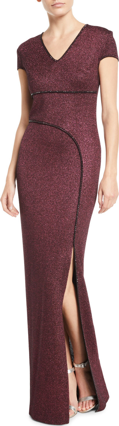 St. John Mod Metallic Knit Cap-Sleeve Column Gown