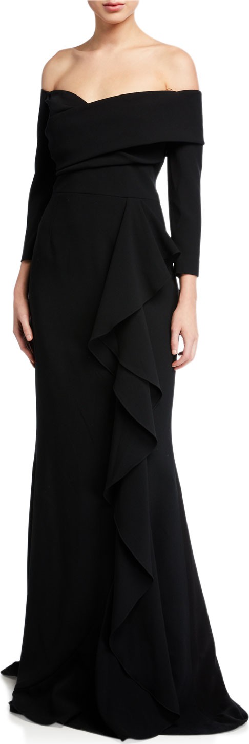 Rickie Freeman for Teri Jon Off-the-Shoulder 3/4-Sleeve Side Draped Crepe Gown