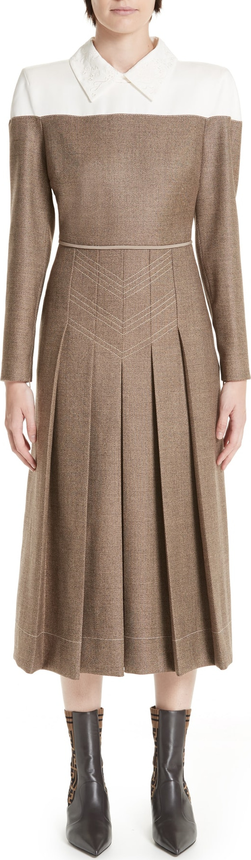 Fendi Silk Yoke Pleated Tweed Dress