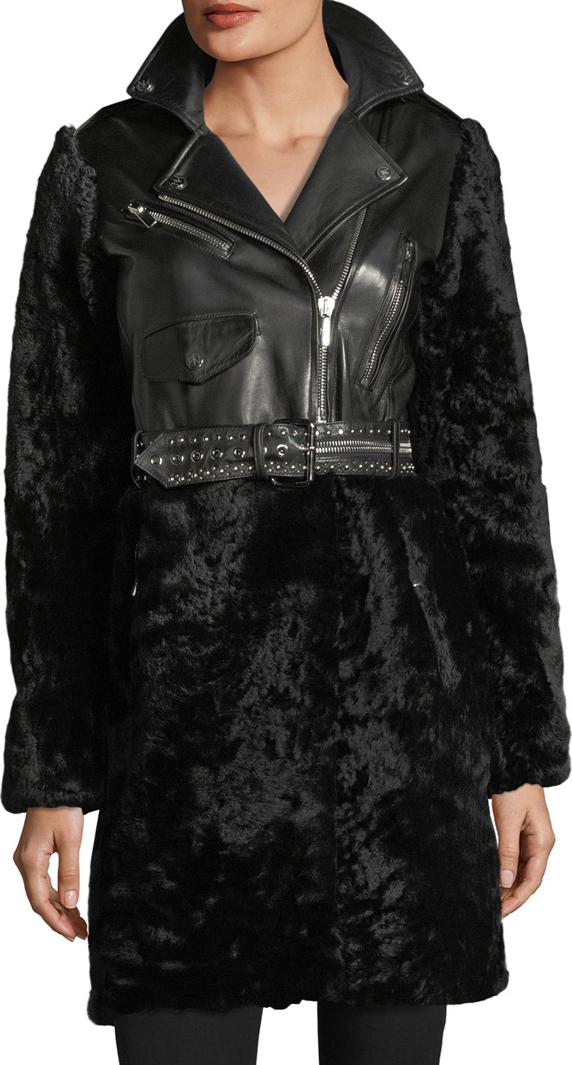 Nour Hammour Shearling & Leather Moto Coat
