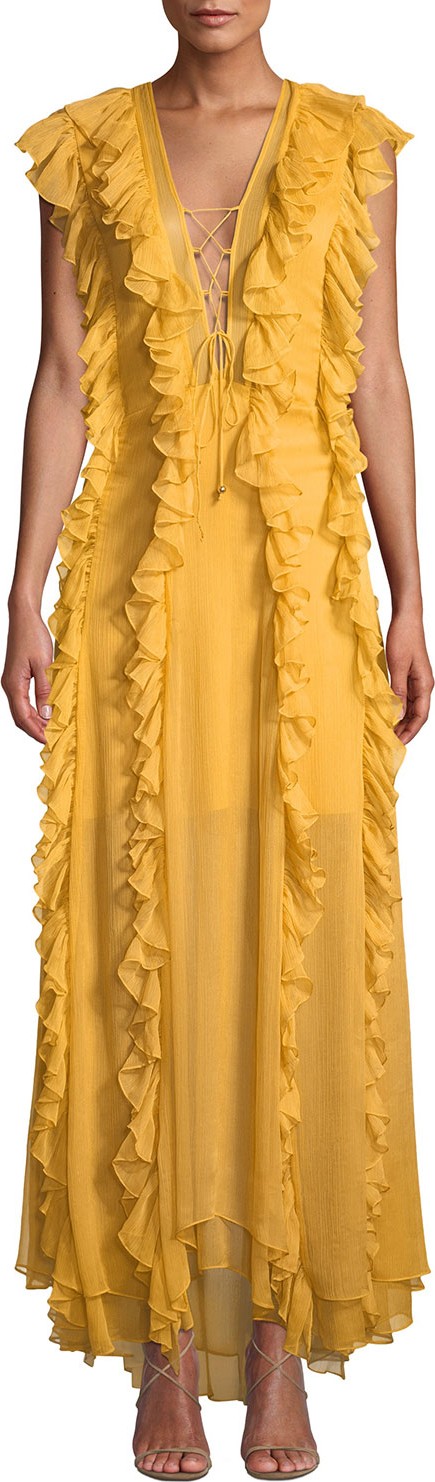 Shona Joy Ambra V-Neck Cap-Sleeve Layered Ruffle Maxi Dress