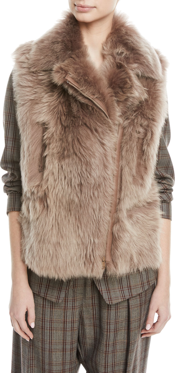 Brunello Cucinelli Zip-Front Shearling Fur Moto Vest