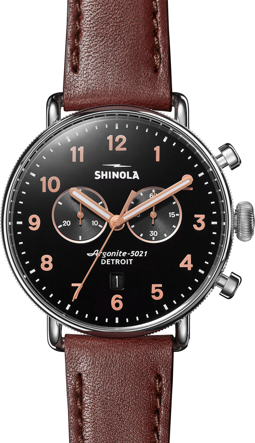 Shinola Men's 43mm Canfield Chronograph Watch with Brown Leather Strap