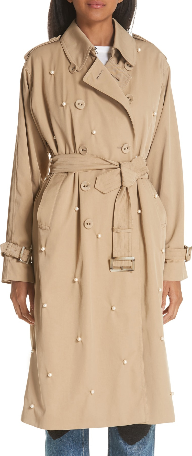 Tu Es Mon Tresor Imitation Pearl Embellished Trench Coat